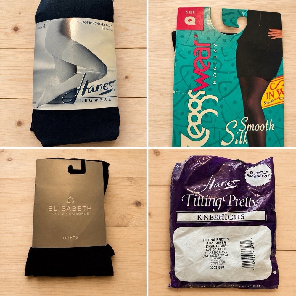 Vintage Pantyhose Tights Lot of 4 Hanes L'eggs Liz Claiborne Black Navy NO[Y]